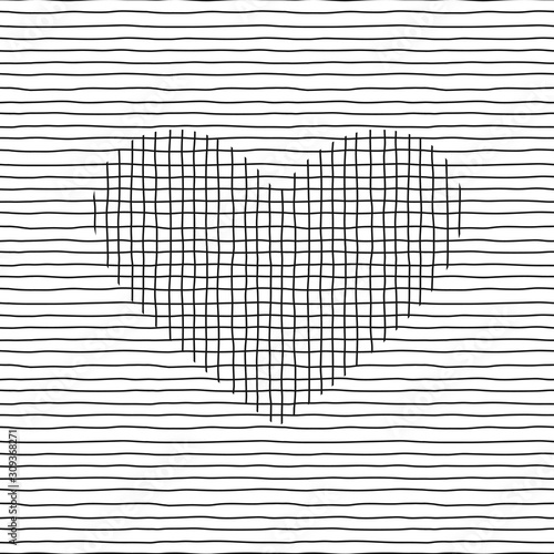Doodle plaid heart on stripy background. Black and white illustration in vector. Valentines Day design idea.