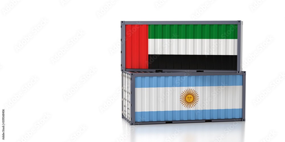 Freight container with United Arab Emirates and Argentina national flag. 3D Rendering