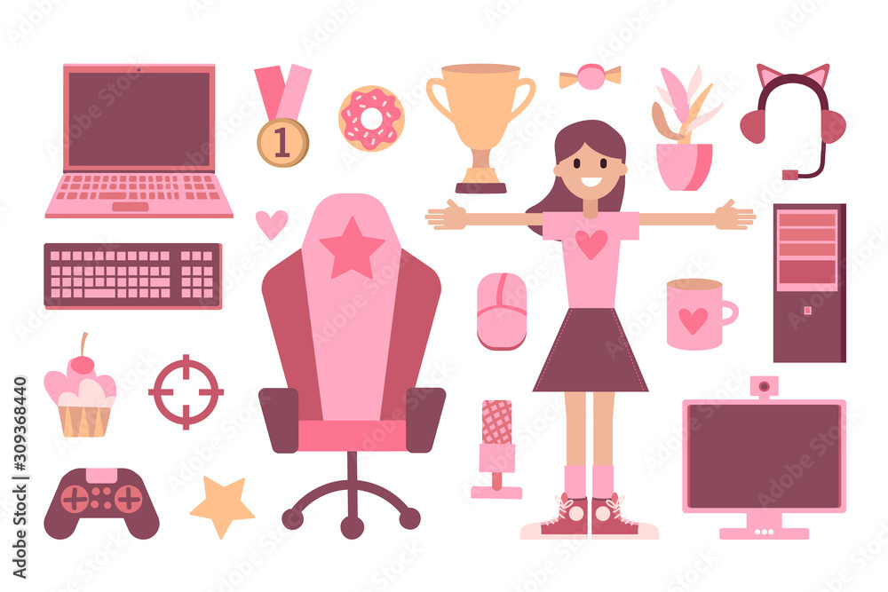Vector set of gamer pink girl on a white background in flat style. Gaming chair, computer, mouse, speakers, headphones, cup. The design of a streamer blog or gaming esportsman