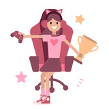 Vector gamer pink girl on a white background in flat style. The design of a streamer blog or gaming esportsman.