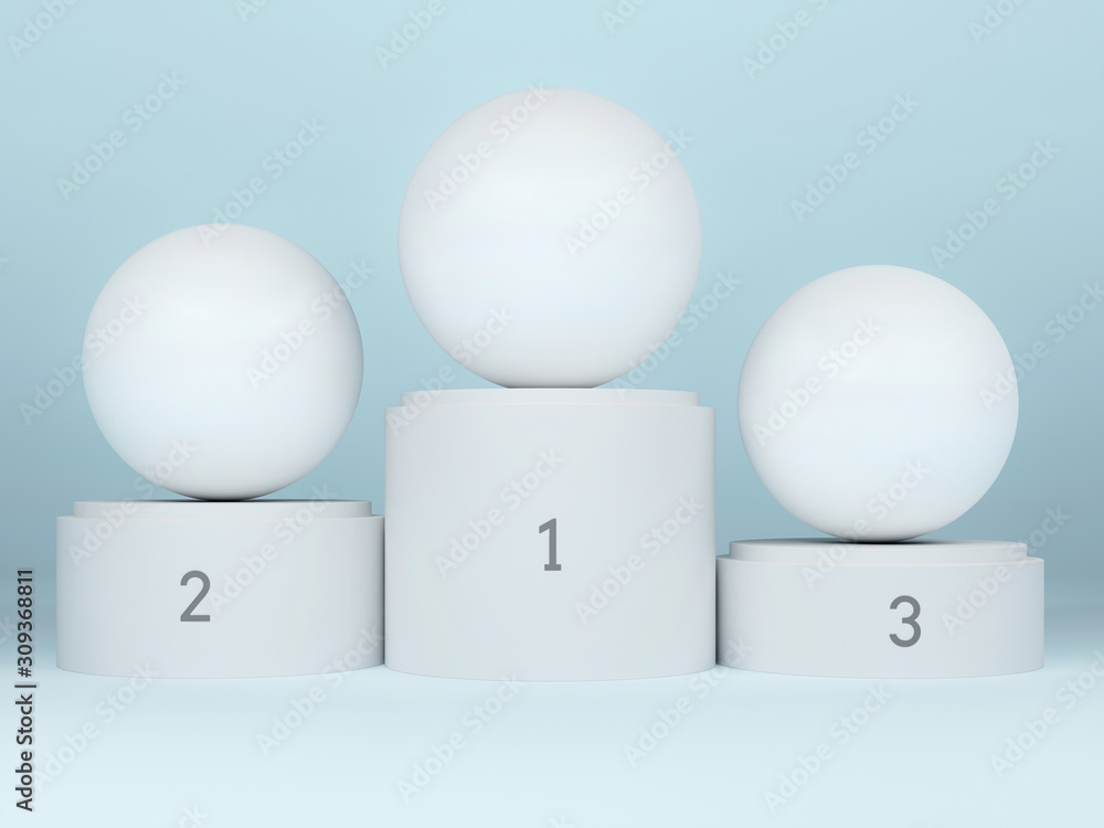 Mock up abstract white winner podium with cylinders and spheres; product showcase display on blue background 3d rendering, 3d illustration Mock up abstract white winner podium with cylinders and spheres; product showcase display on blue background 3d rendering, 3d illustration