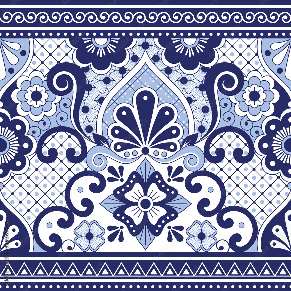 Mexican Talavera Poblana vector seamless pattern, repetitive background inspired by traditional pottery and ceramics design from Mexico in navy blue