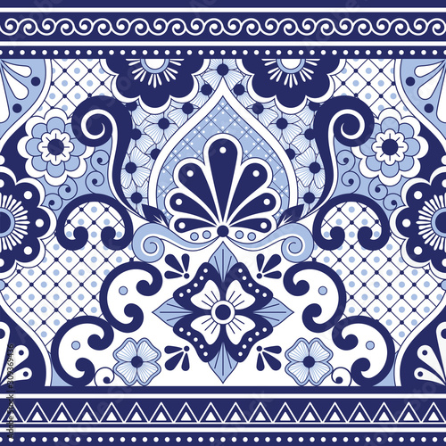 Mexican Talavera Poblana vector seamless pattern, repetitive background inspired by traditional pottery and ceramics design from Mexico in navy blue photo