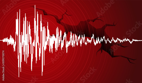 Tela Vector illustration of earthquake curve wave and Earth Crack on red background