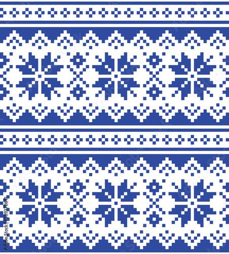 Christmas winter vector seamless navy blue pattern with snowflakes, inspired by Sami people, Lapland folk art design, traditional knitting and embroidery