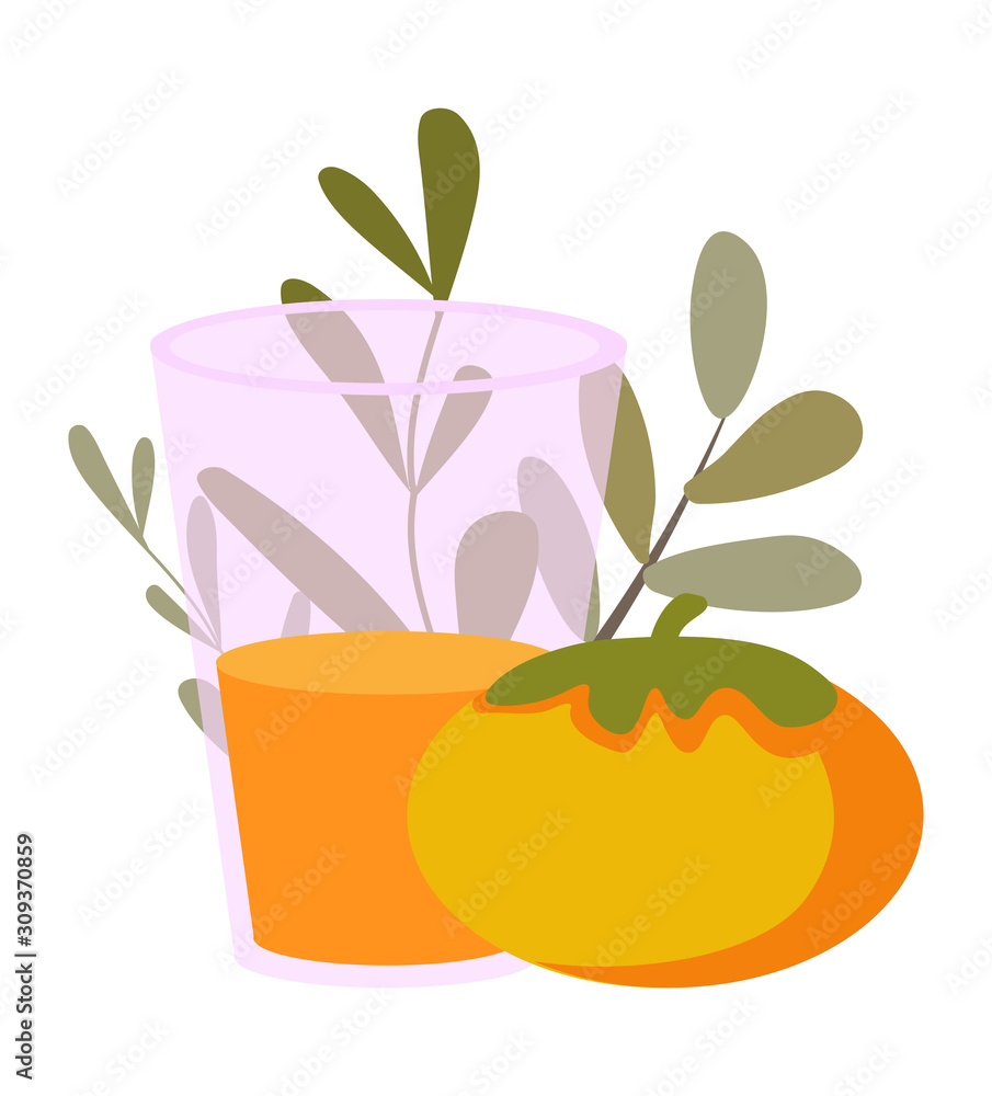 Vector illustration of persimmons and a glass of juice on a white background. Fruit for design in flat style. Vector illustration of persimmons and a glass of juice on a white background. Fruit for design in flat style.