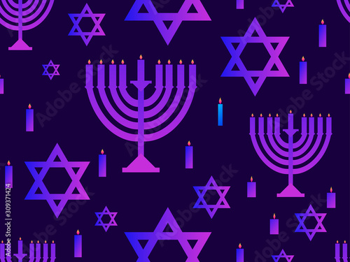 Hanukkah seamless pattern. Menorah with nine candles. Star of David. Vector illustration