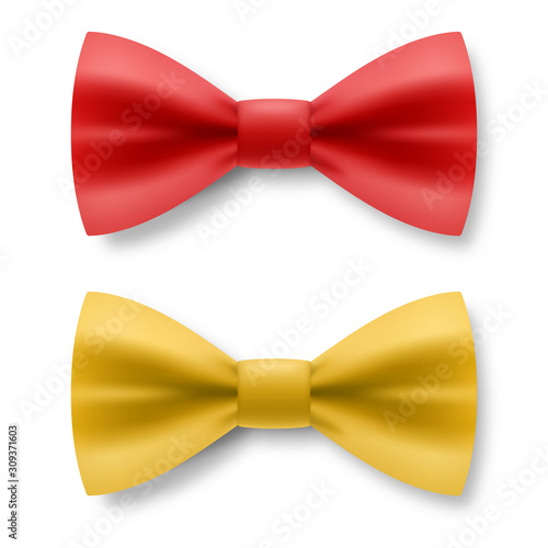 Red and Yellow Bow Tie From Satin Material. Realistic Formal Wear for Gentleman Smoking Bow Tie Garment Accessory on White Background
