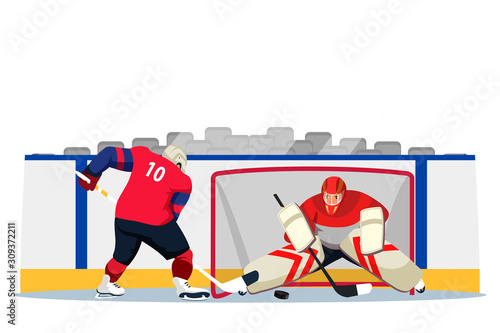 Ice hockey players on stadium rink flat cartoon