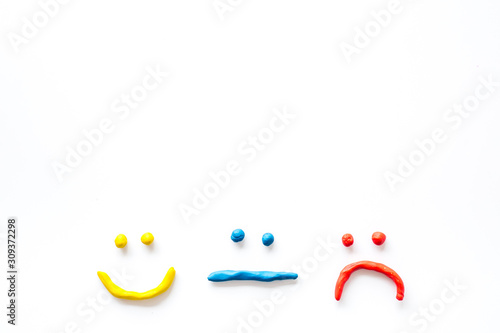 Customer experience concept. Smiles or emoji - good, neutral, bad feedback - on white background top-down copy space
