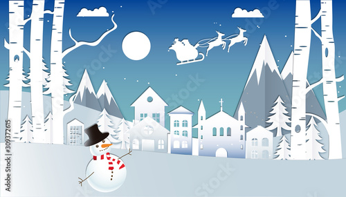 Merry Christmas and Happy New Year. Illustration of Santa Claus on the sky coming to City ,paper art and digital craft style - Vector