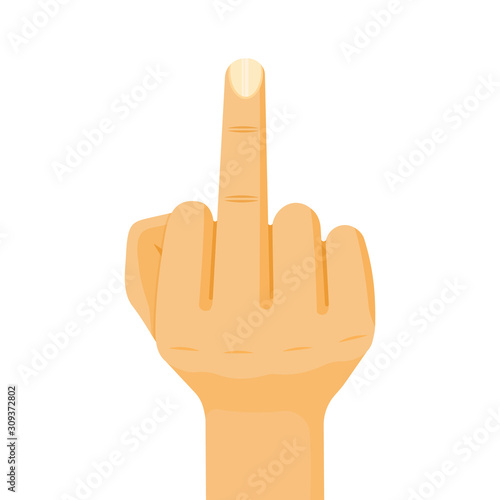 Hand with a raised middle finger. Fuck you gesture. Flat cartoon style vector colorful concept illustration icon isolated on white background.