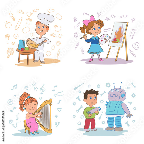Kids hobbies cartoon illustrations set