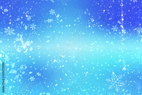 Blue Christmas background for holidays. Christmas decoration with snowflakes on a blue background defocused. Copy space.
