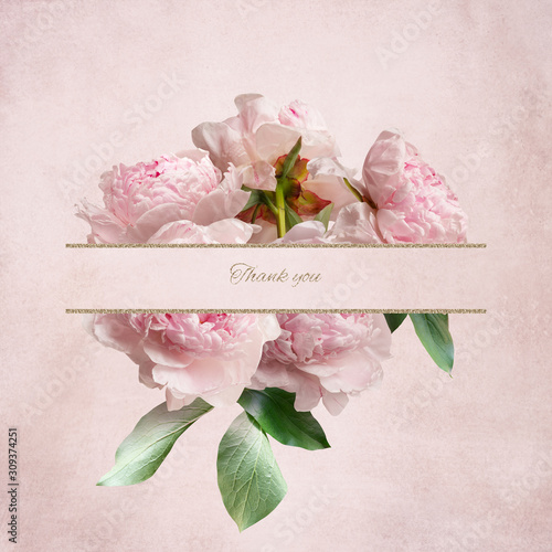 Fototapeta Naklejka Na Ścianę i Meble -  Pink peonies on pastel grange background with copy space. Floral card for invitations, greeting, wedding card.