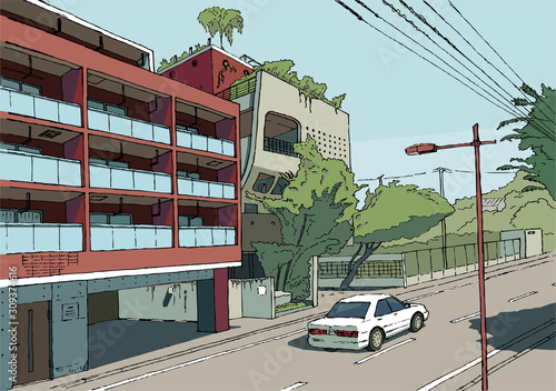 Tokio cityscape vector illustration Tokyo street, graphic vector illustration, japan manga style background color drawing art, vector