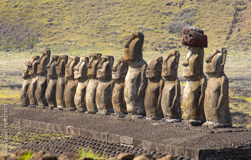 The moais of Ahu Tongariki on the south coast of Easter Island, Chile