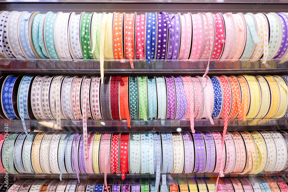 Colourful Ribbon rolls in a store