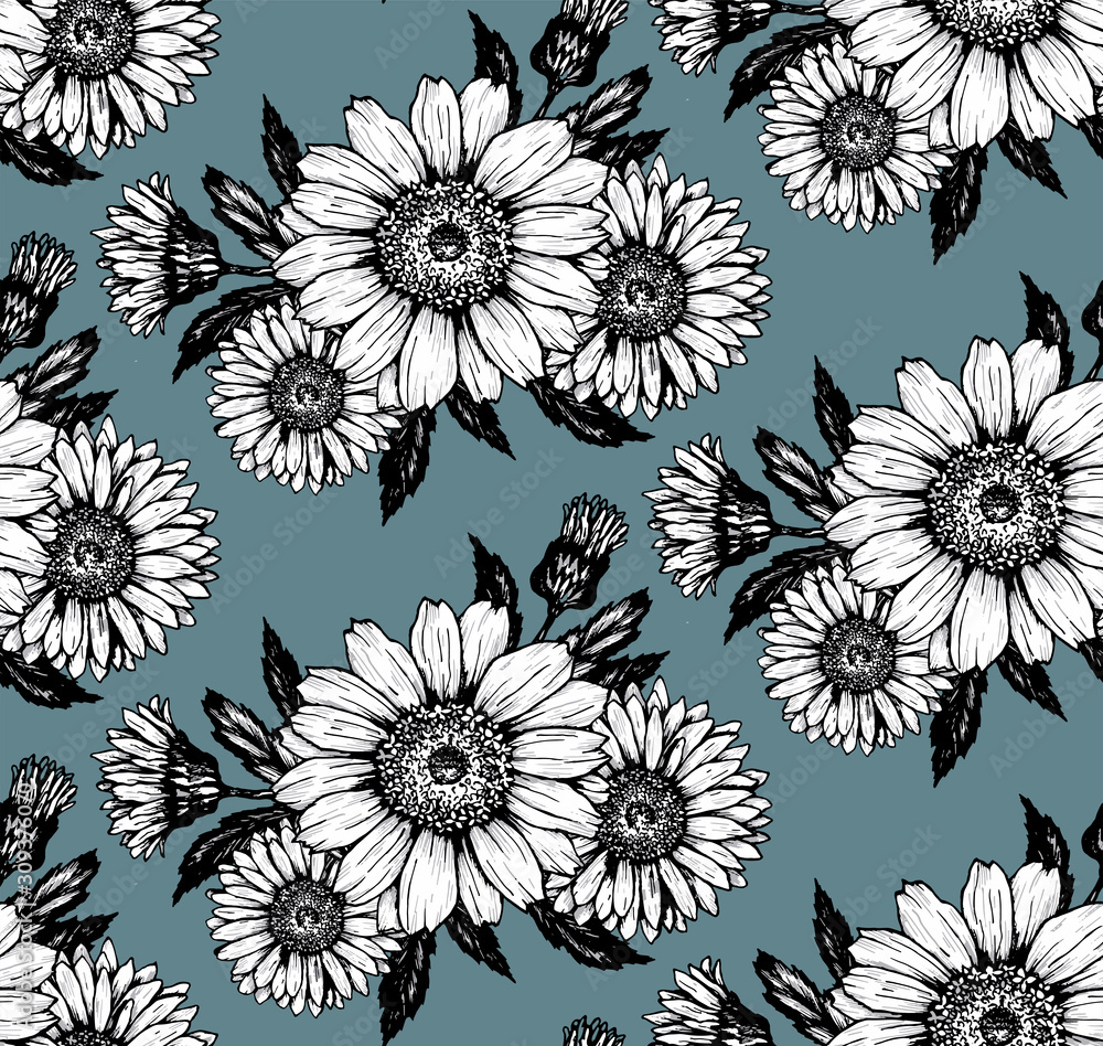 simple silhouettes bouquet of daisies black and white on a dark background pattern