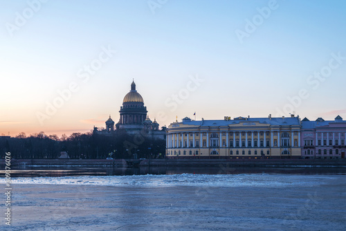 St. Isaac's Cathedral and the building of the Senate and Synod at dawn