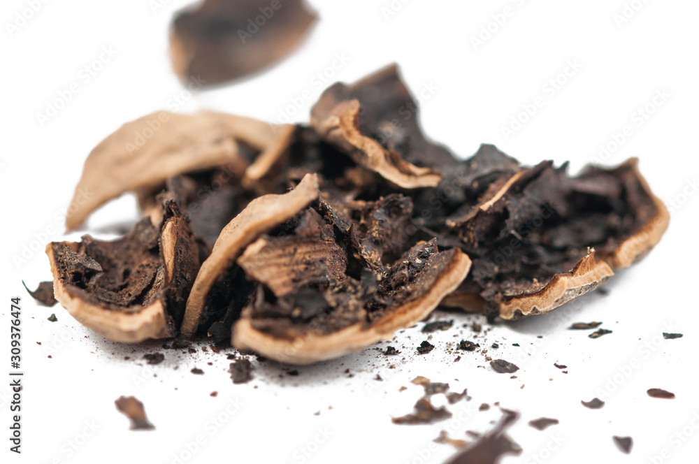 Broken walnut and hand isolated on white background. Broken walnut and hand isolated on white background.