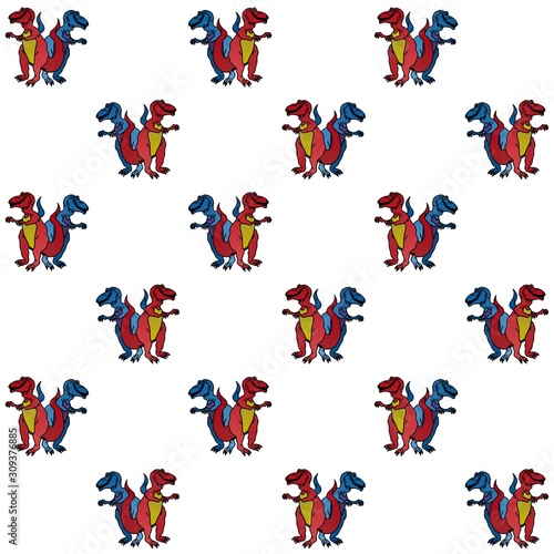 The Amazing of Cute Red and Blue Dinosaur Illustration, Cartoon Funny Character in the Colorful Background, Pattern Wallpaper © Arya