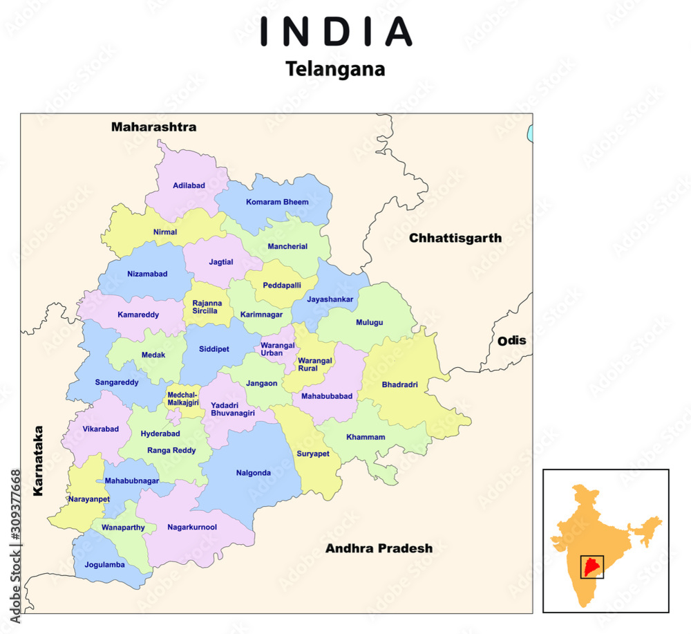 vector illustration of Telangana district map with borders