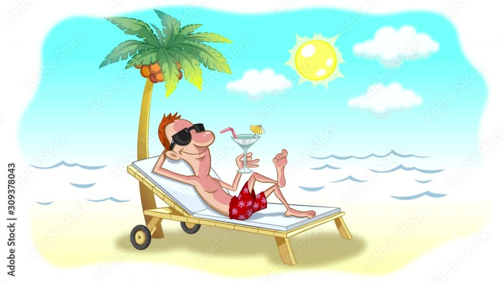 Sunbed Cartoon Relax on the beach. Loop cartoon animation of a character sitting in ...