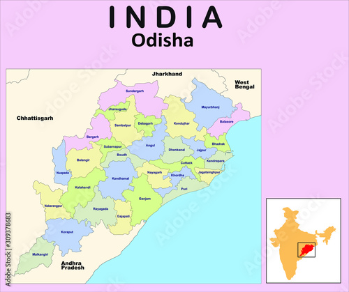 Odisha map with border. Odisha all district map vector illustration