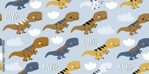 Scandinavian dino t-rex dinosaur seamless pattern