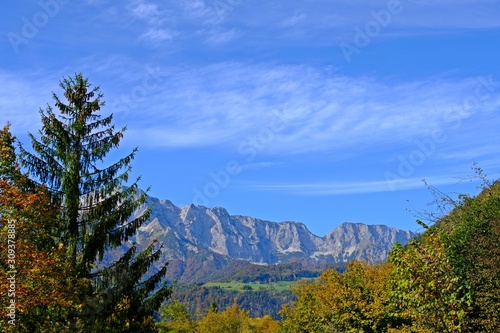 Gorgeous view of gigantic mountains  bright blue sky and white cloud having Fall or Autumn forest in front of the scene.