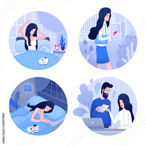 Woman daily routine flat vector illustrations set