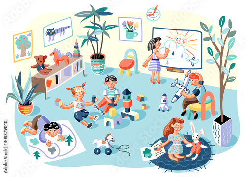 Children in kindergarten flat illustration
