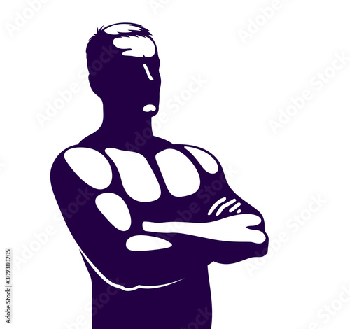 Strong man perfect silhouette with hands crossed on a chest vector logo or icon.