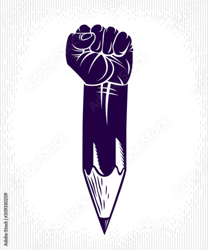 Strong design or art power concept shown as a pencil with clenched fist combined into symbol, vector logo or creative conceptual icon for designer or studio, science research.