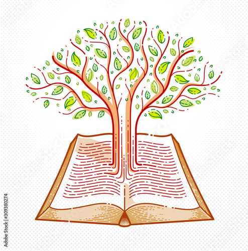 Tree growing from text lines of an open vintage book education or science knowledge concept, educational or scientific literature library vector logo or emblem.
