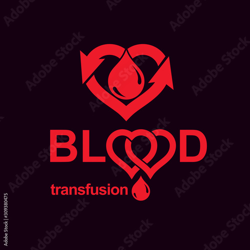 Blood transfusion vector symbol created with red heart shape with arrows and blood drops. Volunteer donorship, healthcare and medical treatment conceptual logo.