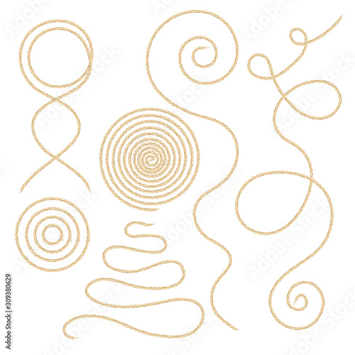 Linen thread curve variations. Vector illustration of loose linen thread bend and curved. 