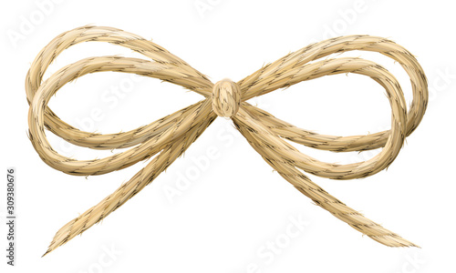 Linen thread bow vector illustration. Realistic linen material ribbon.