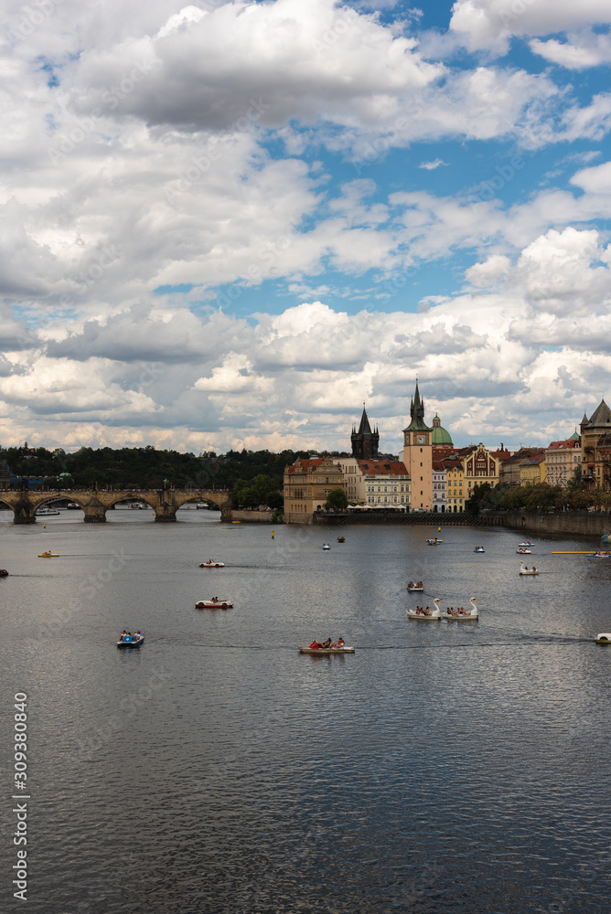 View of Charles Bridge from the river Moldava in Prague Czech Republic