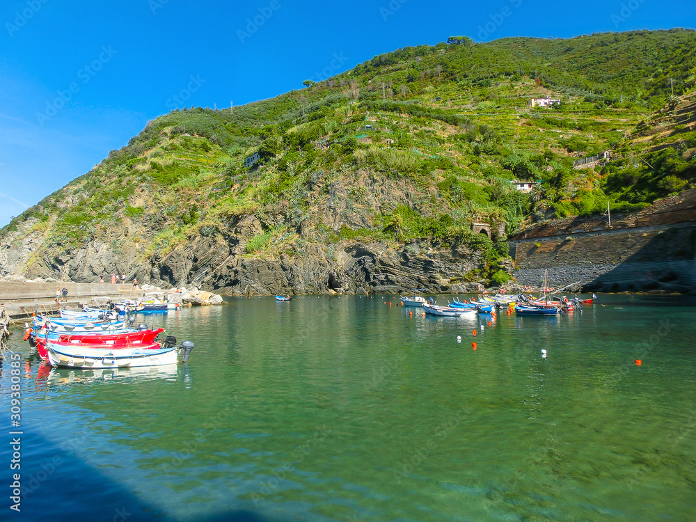 Vernazza Bay With Colorful Boats - Cinque Terre, La Spezia Province, Liguria Region, Italy