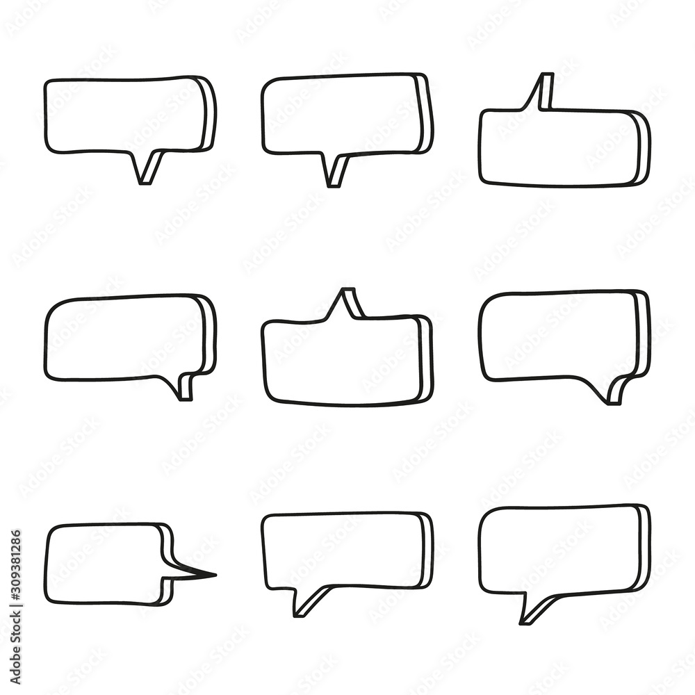 Obraz premium Vector set of hand drawn speech bubbles. Doodle style speaking bubbles isolated on white background.