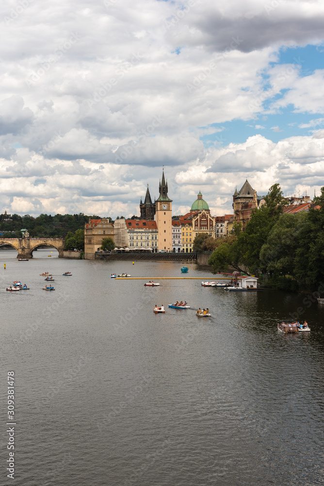 View of Charles Bridge from the river Moldava in Prague Czech Republic