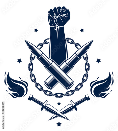 Anarchy and Chaos aggressive emblem or logo with strong clenched fist, weapons and different design elements , vector vintage style tattoo, rebel rioter partisan and revolutionary.