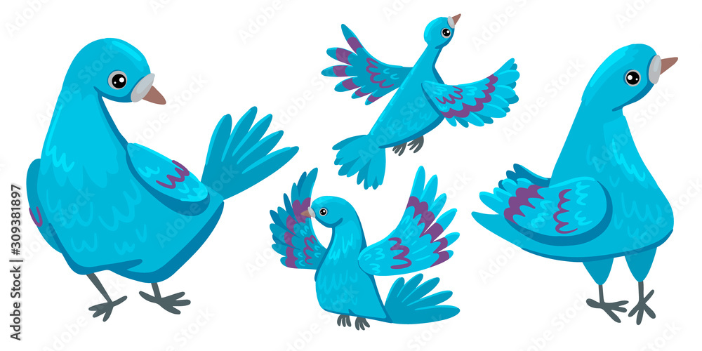 Pigeons. Set of different poses. Flying and sitting bird. Vector illustration Pigeons. Set of different poses. Flying and sitting bird. Vector illustration