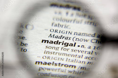 The word or phrase Madrigal in a dictionary. photo