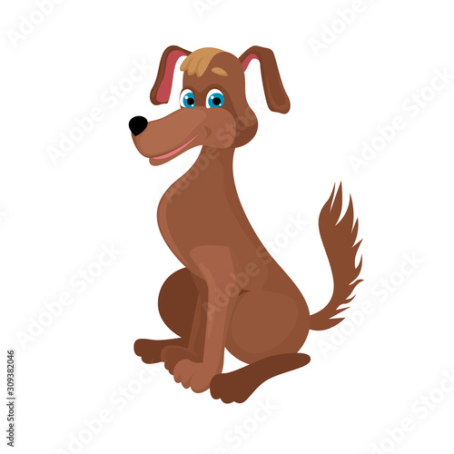 Character dog  cartoon mongrel. Brown wool. Long ears. Vector illustration of character on a white background.