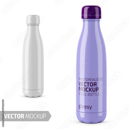 White glossy steel water bottle vector mockup.