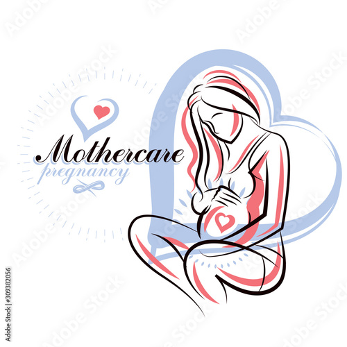 Pregnant female beautiful body outline, mother-to-be drawn vector illustration. Pregnancy assistance center promotion mock up