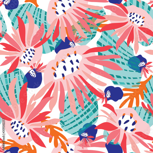 Hand Painted Bold Summer Bloom Floral Motif Seamless Pattern. Classic Blue Pink Flower Petal Background. Modern Bright Cut Out Collage Style Textile. Exotic Tropic All Over Print Vector Eps 10 Tile. 